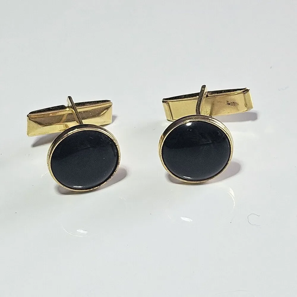 Round Cabochon Pioneer Black & Gold Tone Vintage Cufflinks